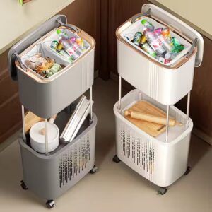Double Tiers Standing Type Kitchen Storage Rack Carbon Steel Cooktop Organizer with Casters Trash Can and Pantry Space Saver - Image 3