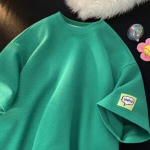 Waffle T-shirt men's short sleeve loose trend on half sleeve clothes summer new simple short sleeve T-shirt - Image 5