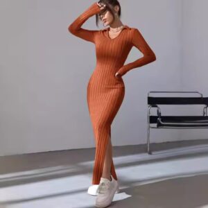 Fall Women's Clothes Ladies Temperament Elegant Knit Slim fit Lapel Long Sleeve Dress Pit Solid Color Tight Slim Women Dresses - Image 5