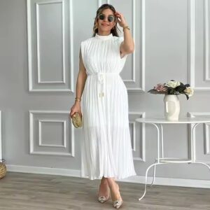 Elegant sleek simple half neck waist cinching tie Midi ladies dress - Image 4