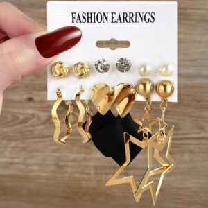 Style Gold Color Flower Heart Star Hoop Earrings Set For Women Jewelry - Image 3