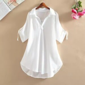 women clothing ladies long short sleeve chiffon shirts women's summer new plus size loose waist slim chiffon shirt dress - Image 5