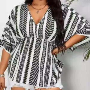 Tops Geo Print Cinched Waist Blouse Summer Elegant Half Sleeve Loose V Neck Shirts - Image 5