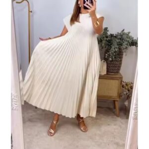 Summer ladies plus size clothes dresses women lady elegant new solid color O neck sleeveless pleated women's casual loose dress - Image 4