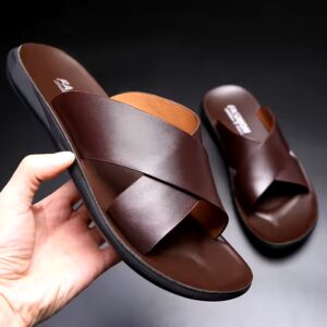 Men Summer Fashion Genuine Leather Sandals Comfortable Lightweight Cross Strap Slip on Beach Slide Sandals Shoes - Image 1
