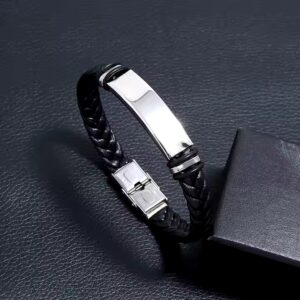 Hot Selling Simple jewelry Custom Engrave Blank Stainless Steel Braided Black Pu Leather Bracelet For Men - Image 4