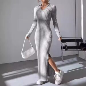 Fall Women's Clothes Ladies Temperament Elegant Knit Slim fit Lapel Long Sleeve Dress Pit Solid Color Tight Slim Women Dresses - Image 3