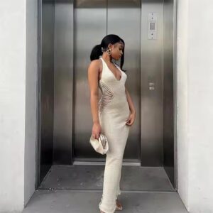 Women Hollow Out Dress Sexy V Neck Backless Sweater Dress - Image 4