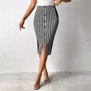 Women Elegant Button Decor High Waist Plaid Skirt Houndstooth Print Split Hem Pencil Skirts - Image 4