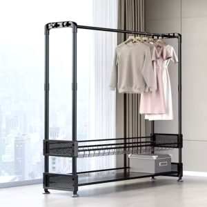 Living Room Metal Double Rod Hooks Garment Coat Rack With Wheels - Image 3