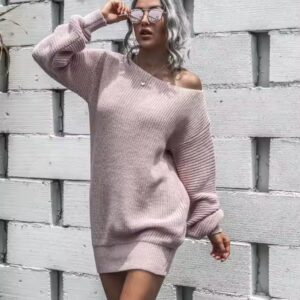 Selling Sweater Dress Casual Autumn and Winter Off-shoulder Lantern Sleeve Knitted Women Long Sweaters - Image 4