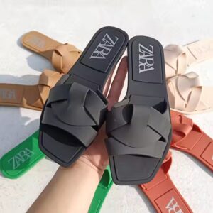 Flat slippers women's Z square toe cross decorative flat slippers casual all-match solid color simple one-word sandals - Image 3