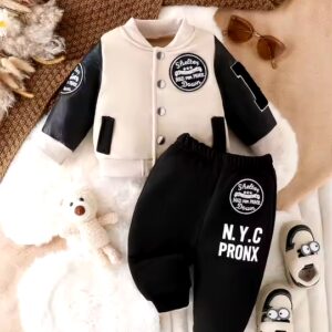 2024 New fashion Super Cool and Casual Baby boy sports suit Long sleeve jacket + letter pants 2 pieces set - Image 3