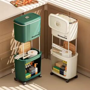 Double Tiers Standing Type Kitchen Storage Rack Carbon Steel Cooktop Organizer with Casters Trash Can and Pantry Space Saver - Image 1