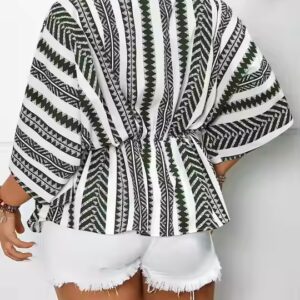 Tops Geo Print Cinched Waist Blouse Summer Elegant Half Sleeve Loose V Neck Shirts - Image 3