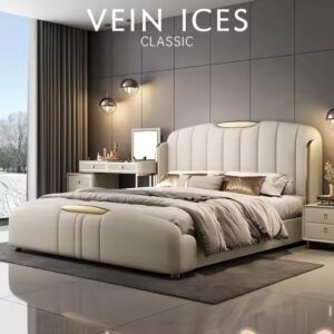 Light Luxury Solid Wood Double Bed Luxury Leather King Bed Cushioned Backrest Bedroom Furniture Set - Image 4