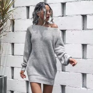 Selling Sweater Dress Casual Autumn and Winter Off-shoulder Lantern Sleeve Knitted Women Long Sweaters - Image 3