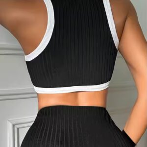 NEW STOCK High Neck Crop Top Contrast Trim Vest Knitted Women Two Pieces Set Mini Skirt - Image 3