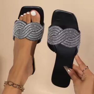 fashion lady shoes sandals open toe rhinestone flip flops ladies square-top slippers summer flat trending women shoes - Image 4