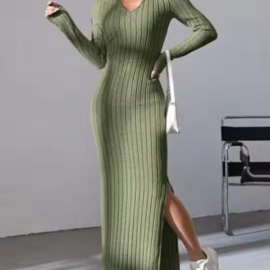Fall Women's Clothes Ladies Temperament Elegant Knit Slim fit Lapel Long Sleeve Dress Pit Solid Color Tight Slim Women Dresses - Image 7