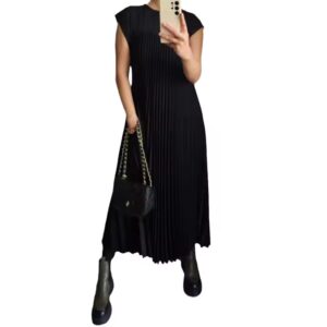 Summer ladies plus size clothes dresses women lady elegant new solid color O neck sleeveless pleated women's casual loose dress - Image 6