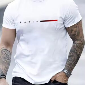 T-shirt Casual Short Sleeve T-shirts Summer Outdoor Street Male Clothing Round Neck Top Paris Solid Printed - Image 3