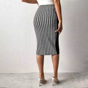 Women Elegant Button Decor High Waist Plaid Skirt Houndstooth Print Split Hem Pencil Skirts - Image 3