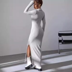 Fall Women's Clothes Ladies Temperament Elegant Knit Slim fit Lapel Long Sleeve Dress Pit Solid Color Tight Slim Women Dresses - Image 4