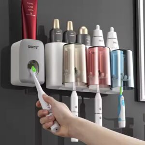 Toothbrush Holder with 4 Tooth Brushing Cup and Automatic Toothpaste Dispenser Wall Mounted Bathroom Set 2 PCS - Image 1