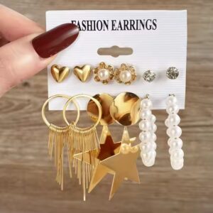 Style Gold Color Flower Heart Star Hoop Earrings Set For Women Jewelry - Image 4