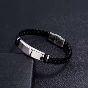 Hot Selling Simple jewelry Custom Engrave Blank Stainless Steel Braided Black Pu Leather Bracelet For Men - Image 3