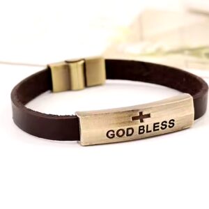 Men Religion Vintage bangle Christian Jewelry God Bless You Letter Cross Leather Bracelet with Custom Engraved Logo - Image 3