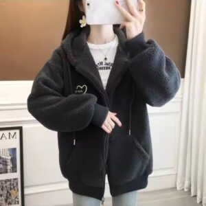 Love letter embroidered Lamb wool coat 2023 autumn/winter new cashmere zipper cardigan hoodie jacket blouse coat - Image 5