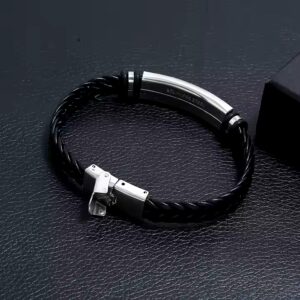 Hot Selling Simple jewelry Custom Engrave Blank Stainless Steel Braided Black Pu Leather Bracelet For Men - Image 5