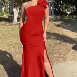 Latest design slit elegant dress one shoulder bodycon ruffles gowns chic evening dress - Image 6