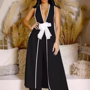 Fashion ladies clothes women elegant temperament loose camellia bow sleeveless vest skirt wide leg pants two piece women's sets - Image 5