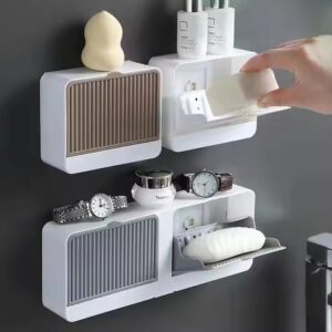 Adhesive Bathroom Shelf Wall Mounted Storage Rack Without Drill Soap Holder with Cover Dustproof and Waterproof Soap Box - Image 1