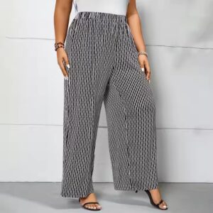 Fit Elastic WaistFlattering Silhouette Plus Size Wide Leg Striped Pants - Image 4