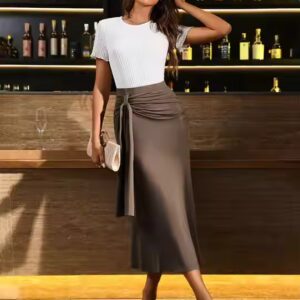 Midi Solid High Waist Women's Casual Tie Elegant knitted pleated skirt - Image 6