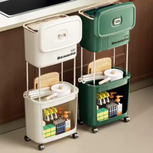 Double Tiers Standing Type Kitchen Storage Rack Carbon Steel Cooktop Organizer with Casters Trash Can and Pantry Space Saver - Image 4