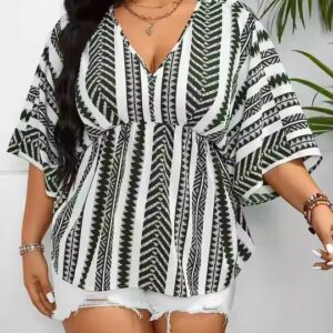 Tops Geo Print Cinched Waist Blouse Summer Elegant Half Sleeve Loose V Neck Shirts - Image 4