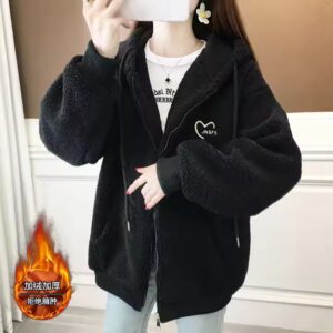 Love letter embroidered Lamb wool coat 2023 autumn/winter new cashmere zipper cardigan hoodie jacket blouse coat - Image 3