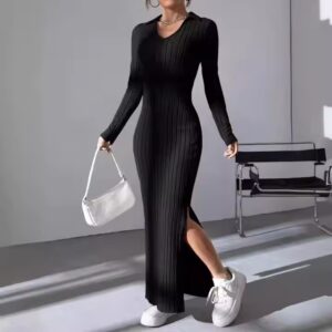 Fall Women's Clothes Ladies Temperament Elegant Knit Slim fit Lapel Long Sleeve Dress Pit Solid Color Tight Slim Women Dresses - Image 6