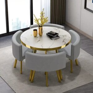 Modern Space Save Small Home Dinning Furniture Restaurant Round Marble Gold Stainless Steel Dining Table And 4 Chair Set - Image 3