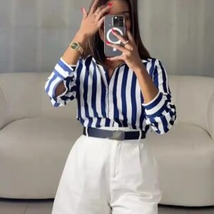 Fashion elegant spring fall blue strip blouse print loose single breasted cardigan polo collar long sleeve shirt women - Image 7
