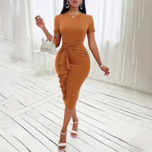 Trendy Career Dresses Short Sleeve Solid Color Hip Wrap Ruffle High Waist Office Lady Dresses For Women African Dress - Image 7