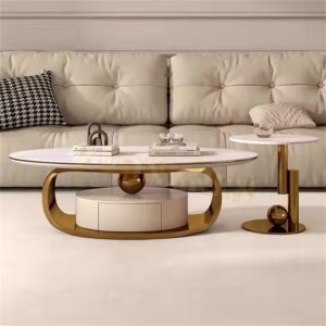 Home furniture living room table round oval modern center table luxury stainless steel smart marble coffee tables with drawer - Image 3