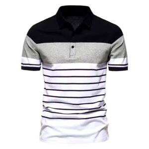 Men's fashion striped patchwork color contrast short sleeve lapel T-shirt POLO shirt - Image 4