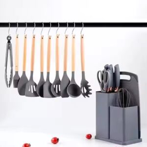 19 Pcs Silicone Kitchen Utensil Set With Wooden Handle Cooking Tools Cuttings Board Storage Bucket Kitchen Gadget set - Image 3