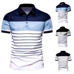 Men's fashion striped patchwork color contrast short sleeve lapel T-shirt POLO shirt - Image 3